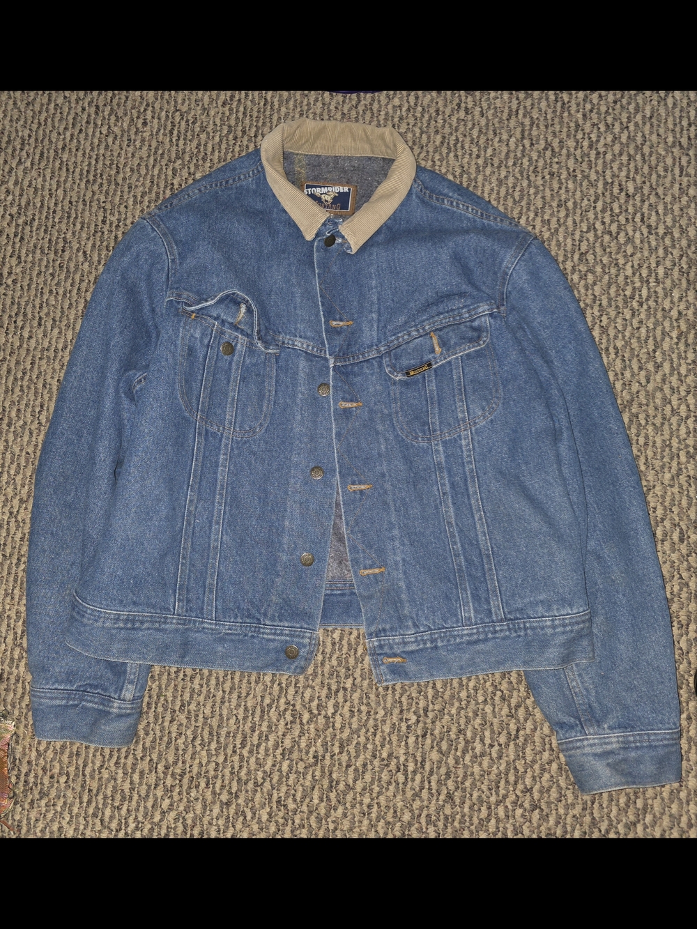 Mustang Stormrider Weathered Blue Denim Trucker Jacket with Tan Corduroy Collar